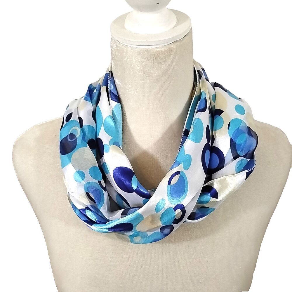 Woman Fashion Scarf Rectangle 59" X 12.5" Blue Circles Sheer EUC